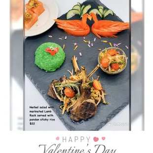 Valentine special 
Herbal salad with marinated Lamb Rack served with pandan sticky rice.
Free dessert : sweet Dry shrimp watermelon