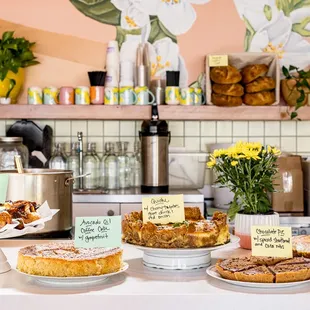 a variety of pastries displayed on a counter