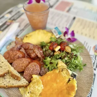 Morning Feast with gluten free toast. Guava mimosa. Deliciousness.