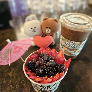 Berry bowl - blackberries, strawberries, blueberries, raspberries, chocolate chips, bee pollen, granola, &amp; honey... &amp; a Coco Choco Latte!