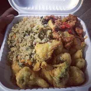 Quinoa, fried broccoli, ginger "chicken"