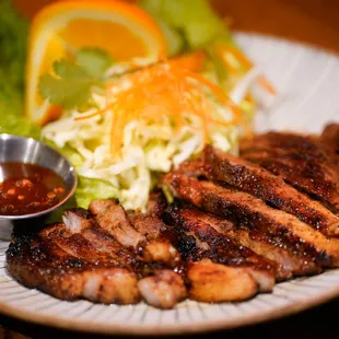 Grilled pork.
Thai style charbroiled pork steak.