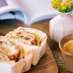 Cheese-wagyukatsu sando : cheese wrapped with wagyu slice deep fried sanwich...with homemade tonkatsu sauce.