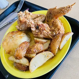 Broasted chicken, rosemary potatoes, &amp; a biscuit