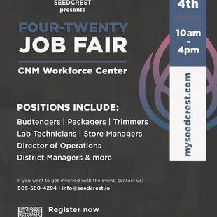 SeedCrest 420 Career Fair - Spring Hiring Event!  MUST BE 21 TO ATTEND!
Friday, April 4, 2025, from 10a-4p, at the CNM Workforce Center