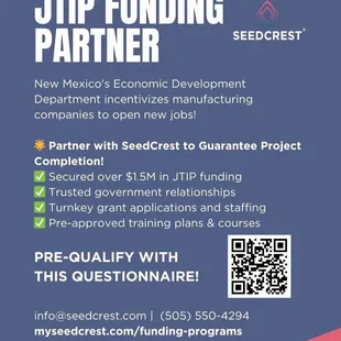 Qualify your company for NM EDD JTIP Funding in one easy step! Contact SeedCrest at info@seedcrest.io to learn more.