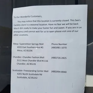 Seasonal location. Not open right now. Says they will open March 8, 2018.