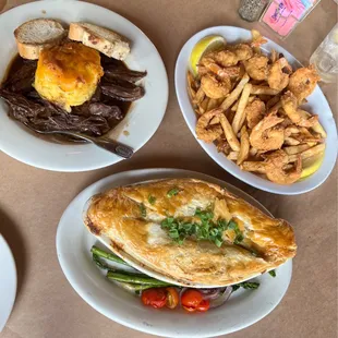 Brazed Beef w/ Mac, Crawfish Pie, Shrimp Platter