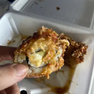 Cream cheese, avocado deep fried sushi. And spicy mayo