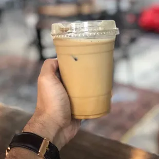 Honey lavender iced latte with oat milk, delicious but pricey ($7)