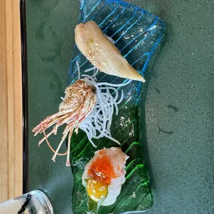 Sweet shrimp/quail egg/roe, fried shrimp head, Japanese sea eel (delicious)