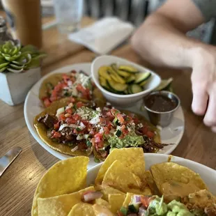 Taco platter ($14) 2 steak and 1 barria with zucchini and squash side