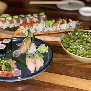Edemame, Yellowtail set, beauty &amp; the beast and the distinguished gentleman roll