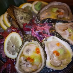 FANNY BAY OYSTERS* 4PC / ikura / ponzu / passion fruit sorbet / wasabi / sea bean (gluten-free)