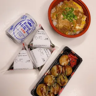 Royal milk tea, onigiri, takoyaki, beef don @cl2foodies on ig~