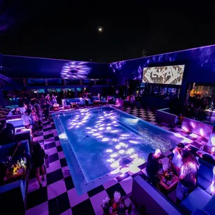a pool with people sitting around it