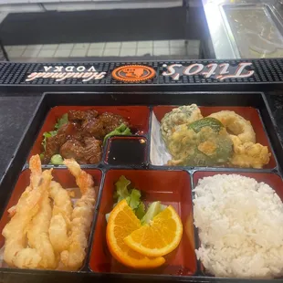 Stake and Shrimp And Vegetables Tempuraand rice