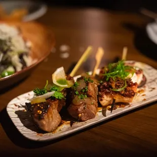 Skewers (left to right): Beef tongue, steak, and octopus