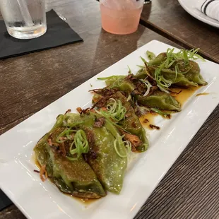 Vegetable Dumplings Bland, except for the sauce drizzled on top.