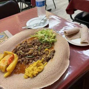 Lamb Tibs and injera bread.