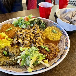 Vegetarian and Vegan Combo Platter with Mushroom Tibs