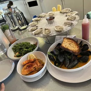 Oysters, octopus, mussels, and prawns