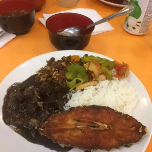 Fried fish, Pork Dinuguan, Bopis, Ampalaya Guisado, Rice