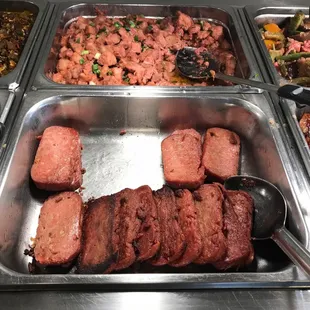 Pork Binagoongan(Pork cooked in coconut milk and shrimp paste), Fried Spam luncheon meat