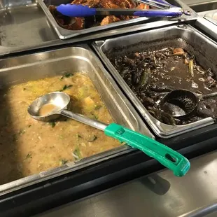 Fried fish, Munggo (Mung bean soup), Pork Dinuguan (Pork blood stew)