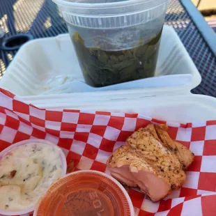 Lg side of Smoked turkey mustard greens, and 1 piece salmon without breading.