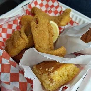 Fried basa, fried salmon and cornbread