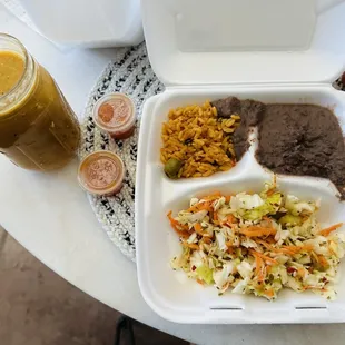 Rice and beans. Jar of Habanero Salsa