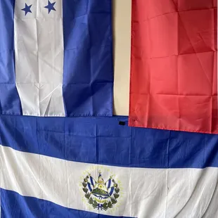 Flags inside the restaurant.