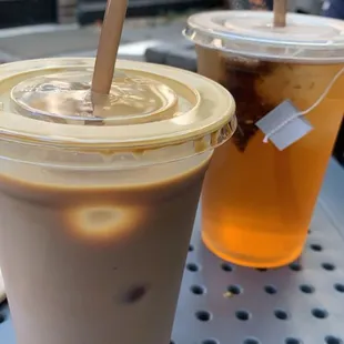 Iced oat milk, sugar-free vanilla latte and iced hibiscus tea