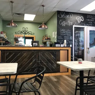 Counter and some of the seating at Selina's Coffee