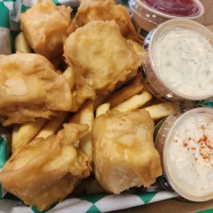 Halibut Beer Battered Fish and Chips only at Sellwood Fish and Chips, Gluten Free, Dairy Free no high corn fructose syrup.