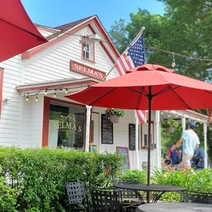 a woman sitting under umbrellas