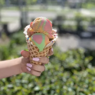 Rainbow Sherbet in a house made waffle cone!