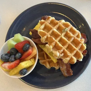 Breakfast sandwich on a waffle bun!