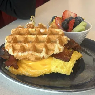 Breakfast sandwich on a WAFFLE bun