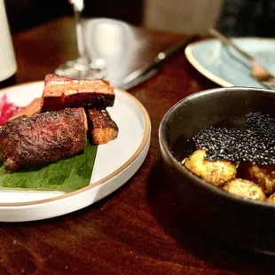 Pork belly chicharrones  with papas bravas