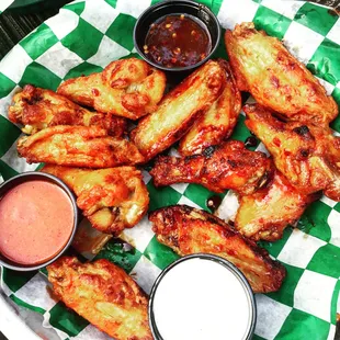 6 cajun blackened and 6 bee sting delicious wings while enjoying sunshine and cold beer