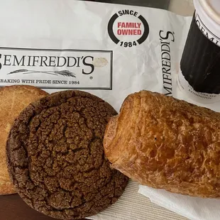 Snickerdoodle Cookie, Ginger Cookie, and  Chocolate Croissant and small Mocha coffee at Semifreddi&apos;s Bakery in Kensington.