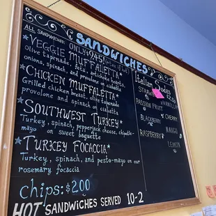 Sandwich and Italian Soda menu at Semifreddi&apos;s Bakery in Kensington.