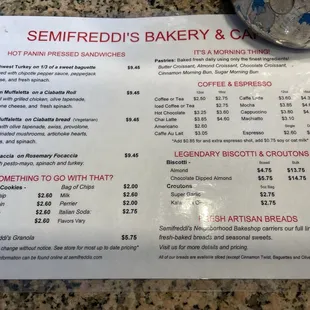 Menu at Semifreddi&apos;s Bakery in Kensington.