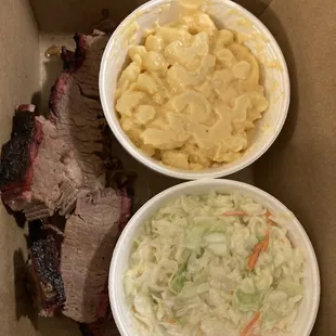 three bowls of pulled pork and macaroni and cheese
