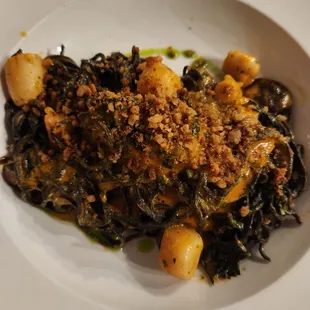 Squid ink spaghettini + bay scallops