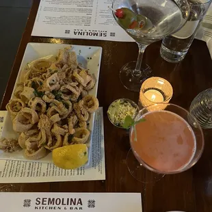 Semolina Fried Calamari, martini, strawberry blossom gimlet