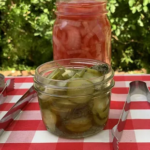 Homemade pickles and pickled onions