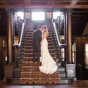 Bride and Groom on the Grand Staircase in the foyer
